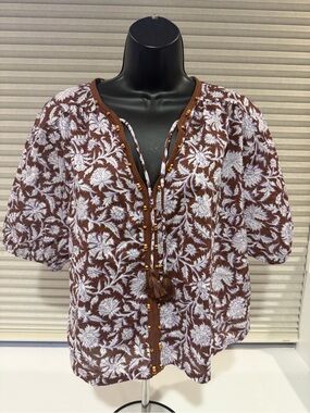 Old Navy Brown and White Floral Peasant Blouse with Tassel Tie Women’s M
